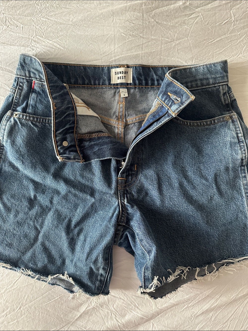 Sunday Best Aritzia Dark Blue Frayed Denim Cutoff Shorts